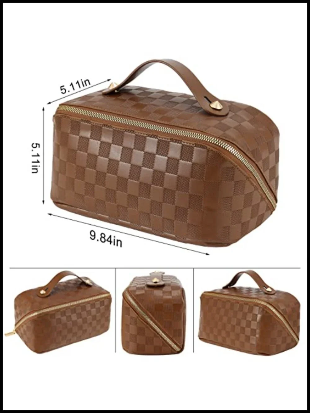 Large Capacity Travel Cosmetic Bag - Waterproof PU Leather Checkered Makeup